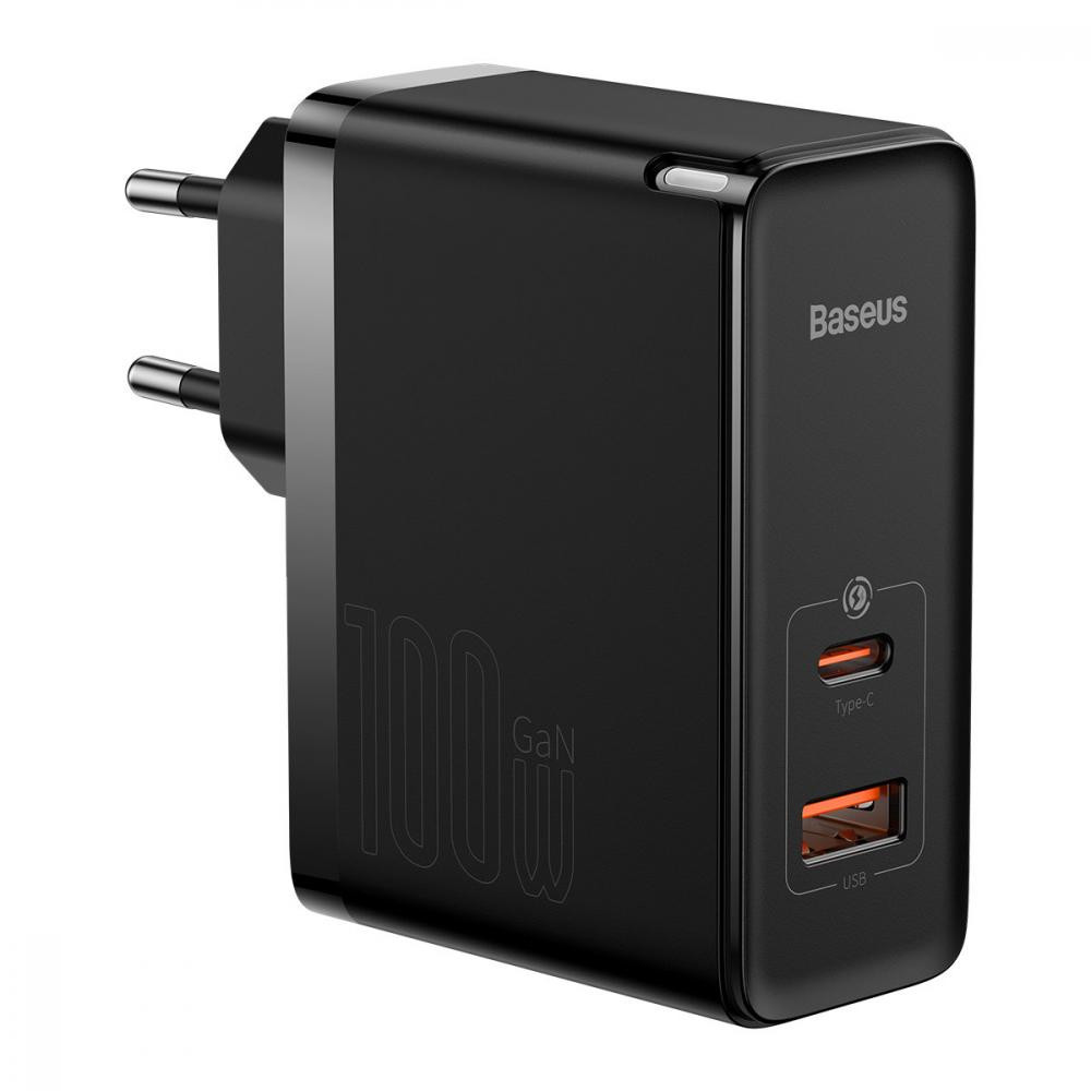 МЗП Baseus GaN5 Pro 100W (Type-C + USB) + (Кабель Type-C + Type-C) Чорний