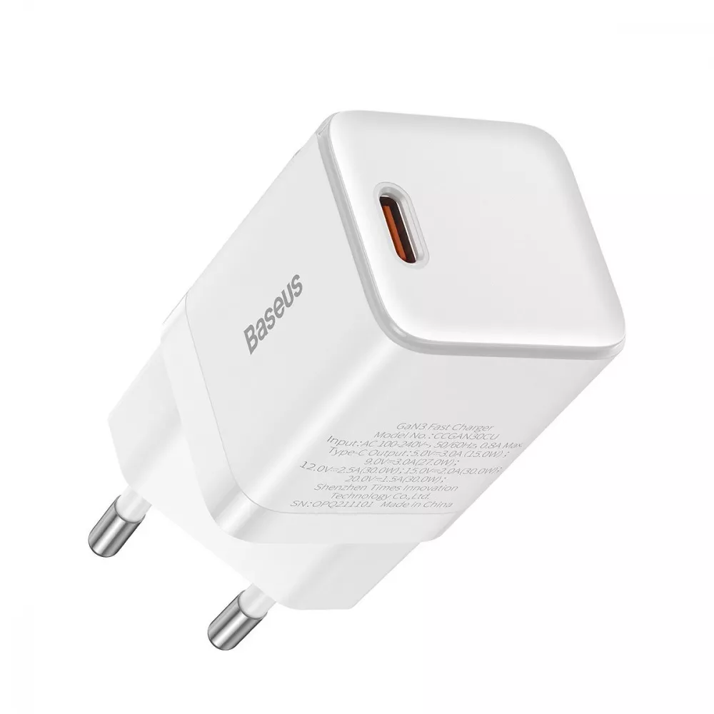 МЗП Baseus GaN3 Fast Charger 30W (1 Type-C) (Білий)